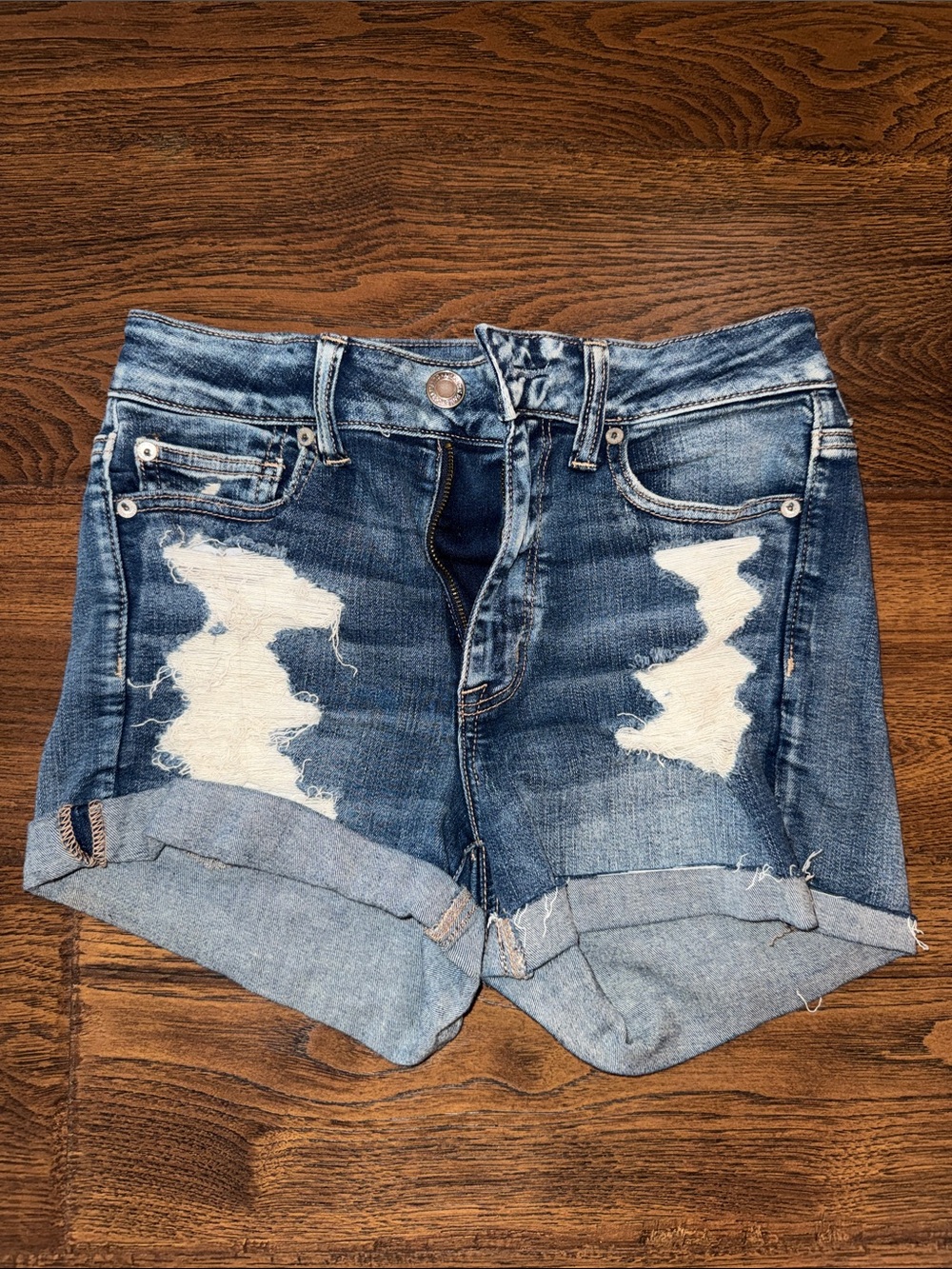 American Eagle Outfitters Blue Distressed Stretch Rolled Cuff Jean Shorts